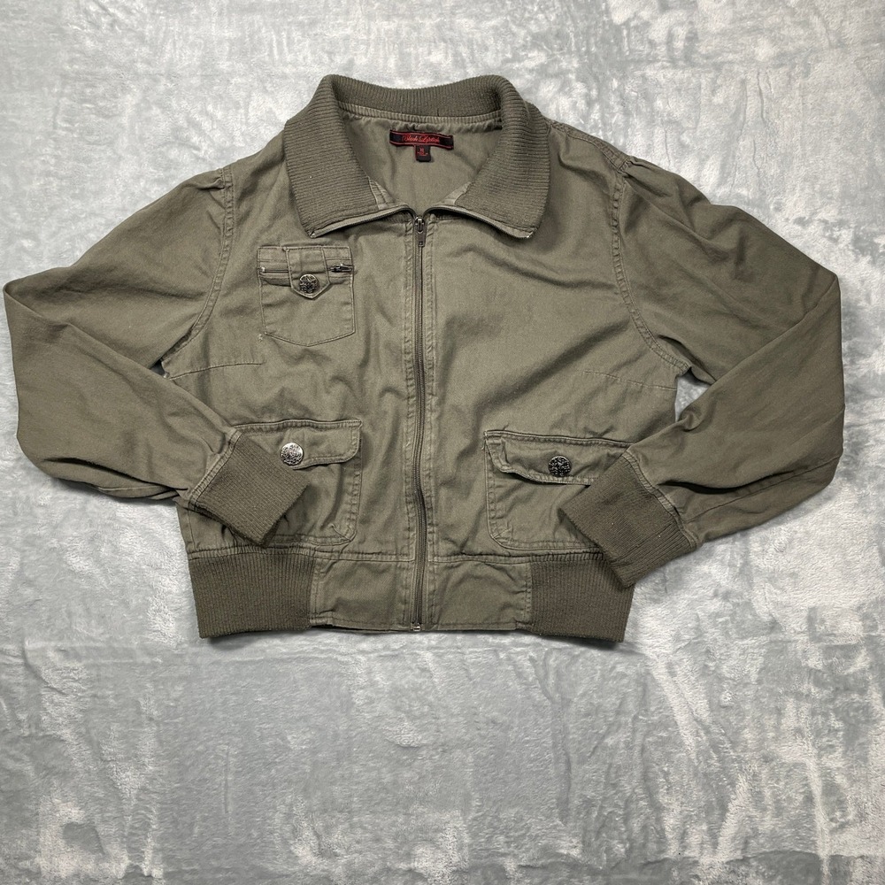 Black Lipstick Olive Green Utility Bomber Jacket Juniors Casual Zip Front XL